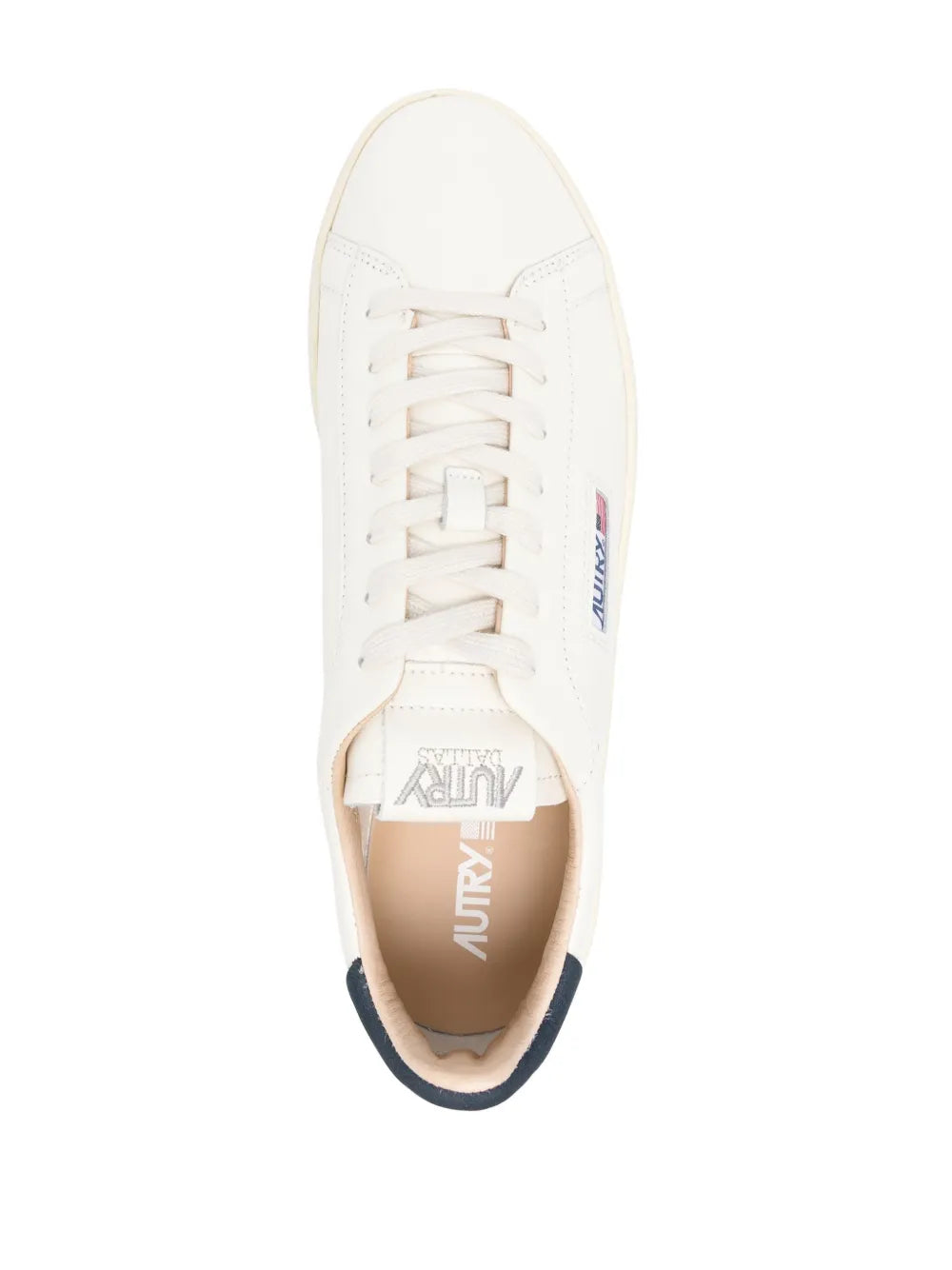White leather lace-up sneaker with padded tongue logo and navy heel lining