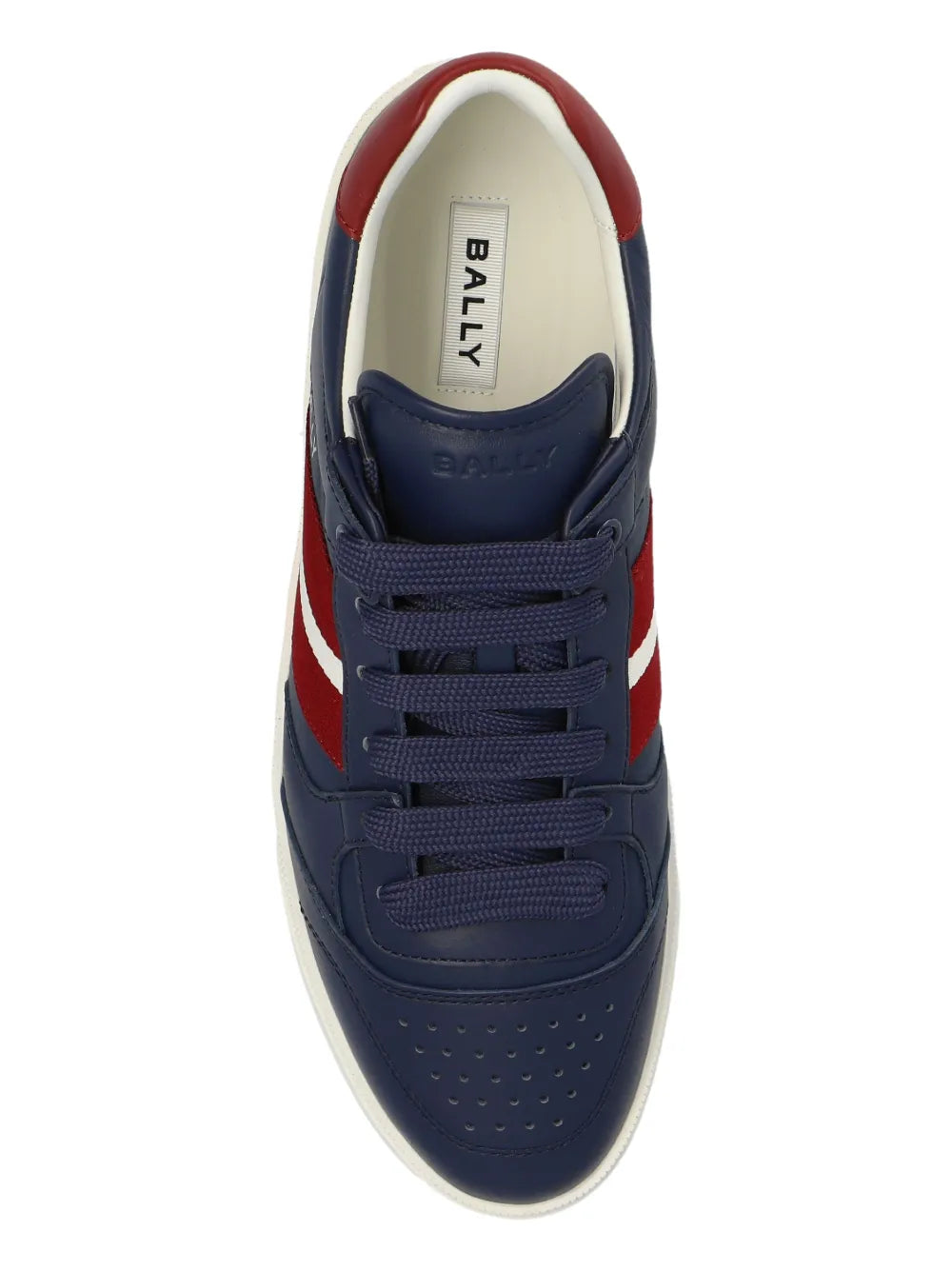 Navy lace-up sneaker with red heel, white interior lining, and perforated toe