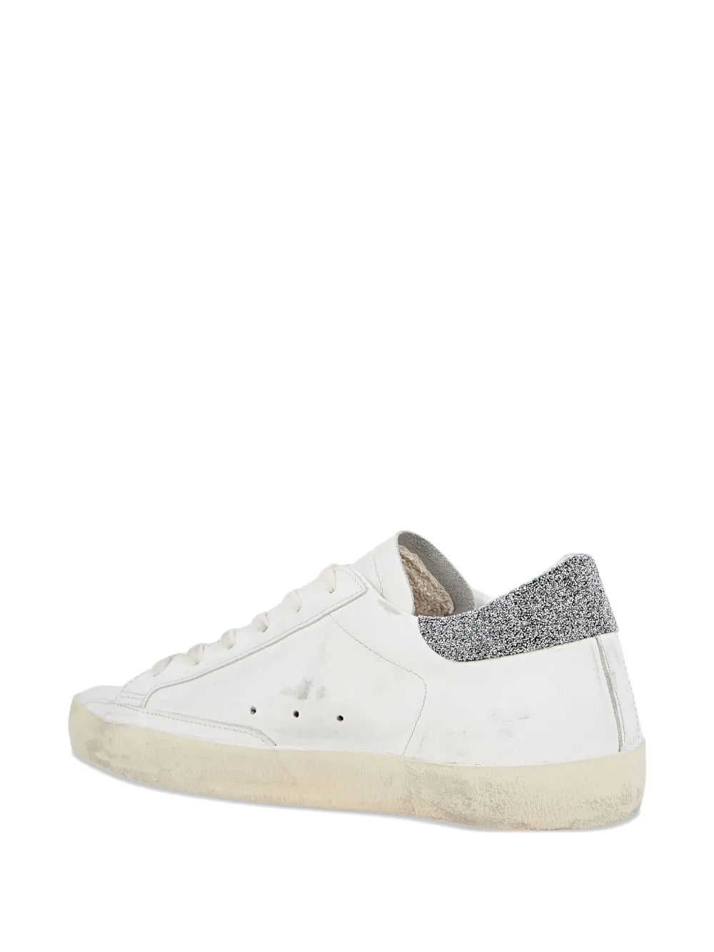 Embellished white sneakers with glitter heel tab and lace-up front
