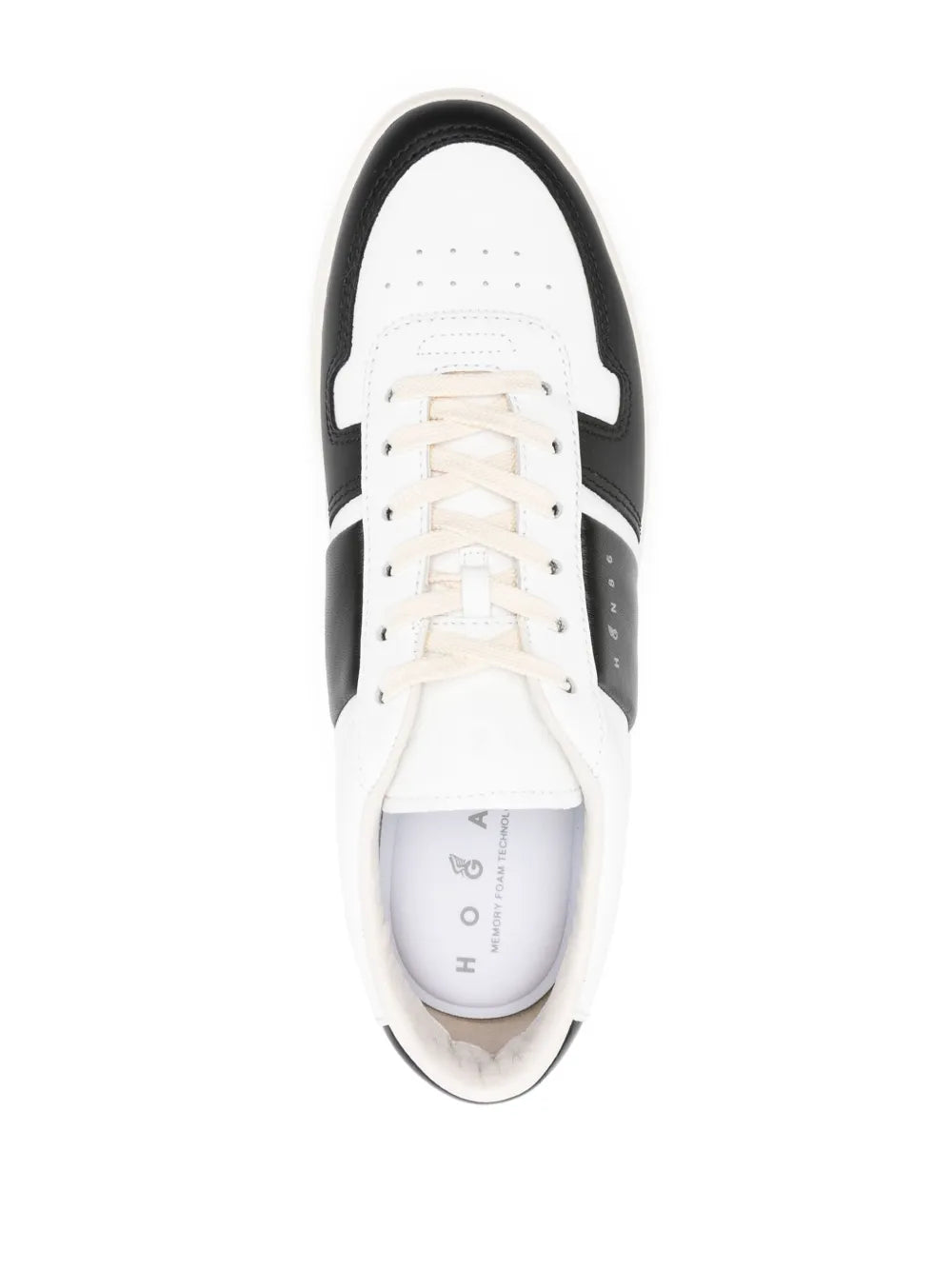 White lace-up sneaker top view with black collar trim and perforated toe box