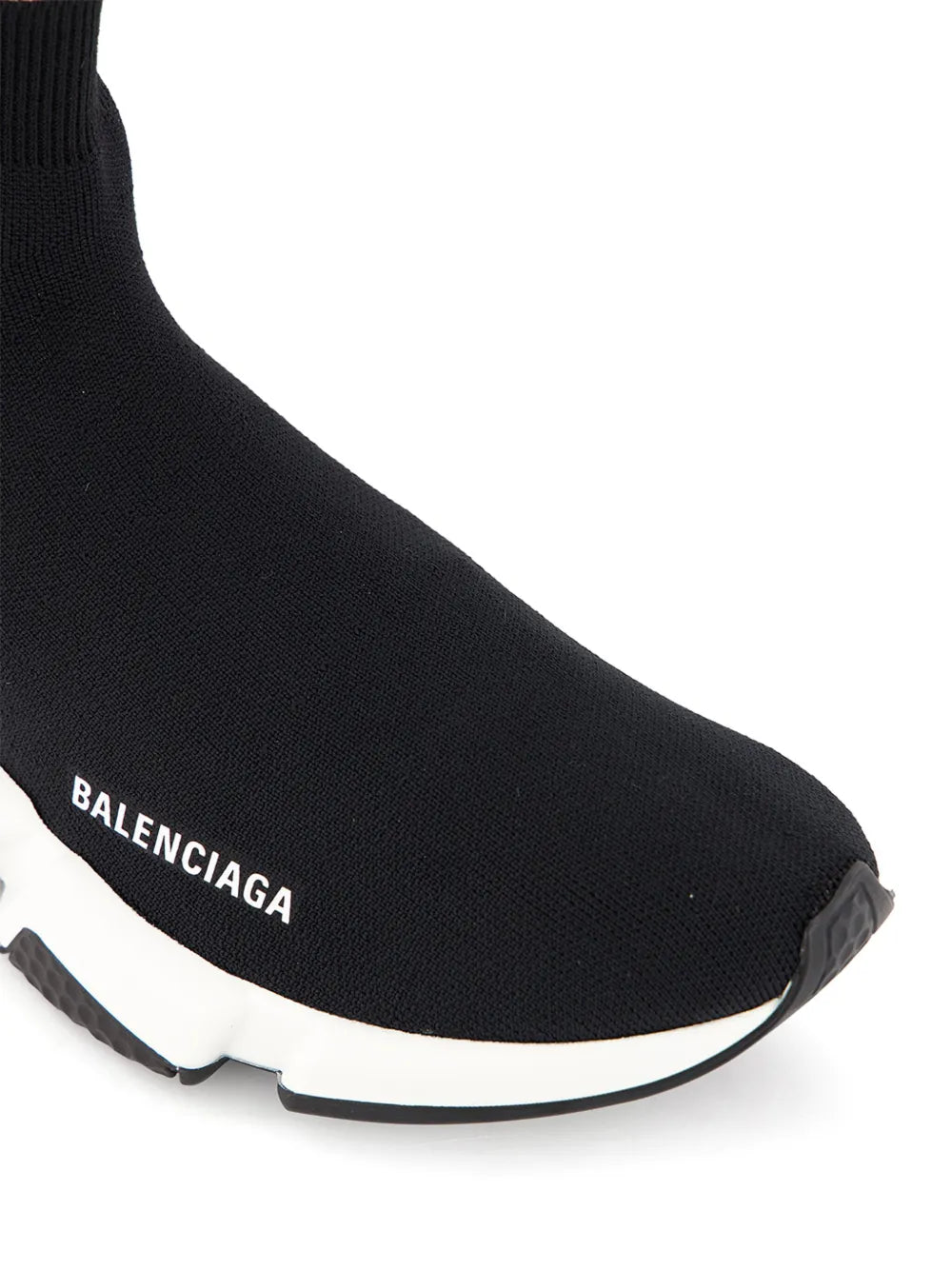 Balenciaga Speed sneaker toe, black knit upper with white midsole and side logo