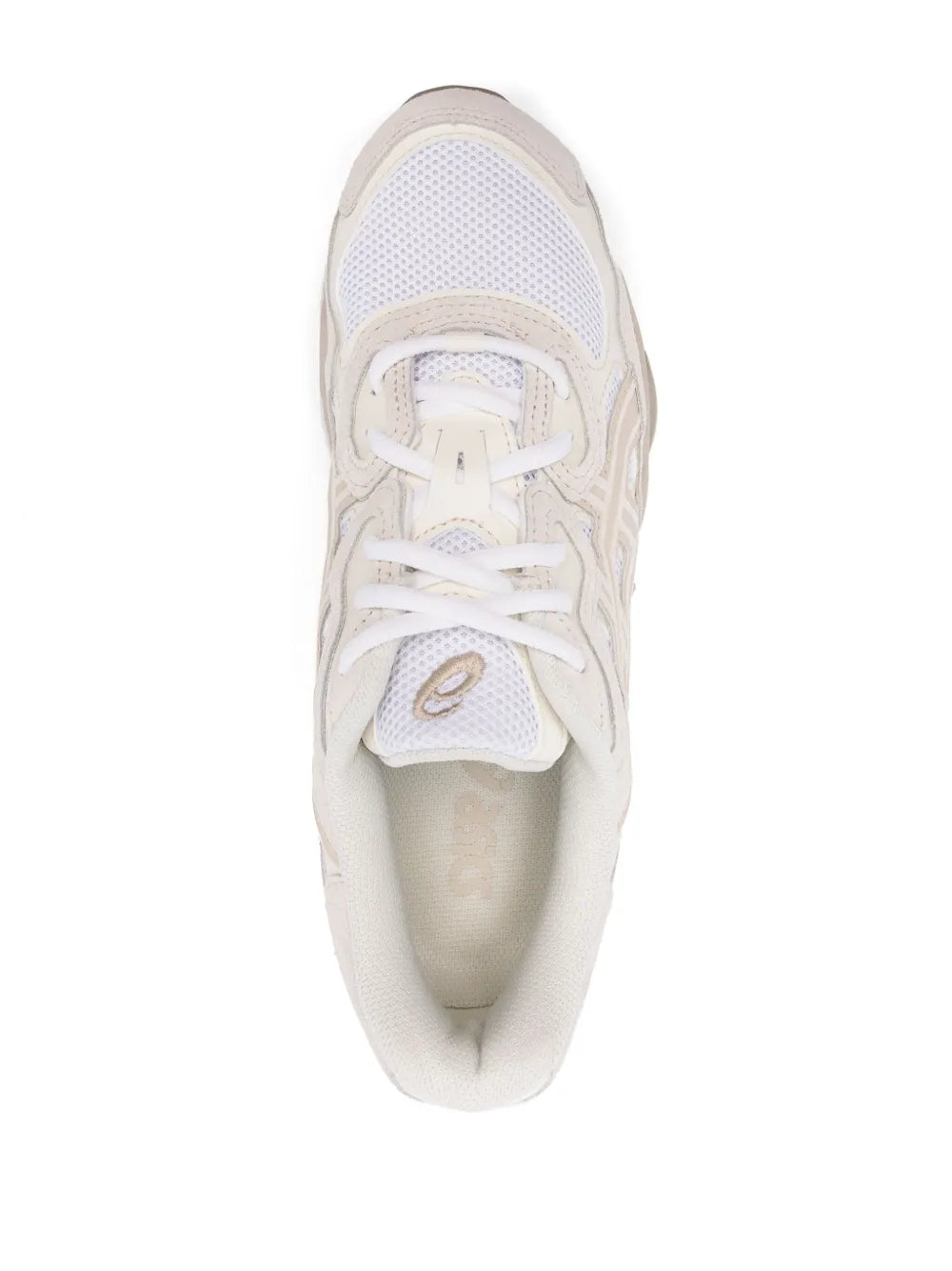 White and beige ASICS sneakers showing tongue, lace-up collar, and inner lining