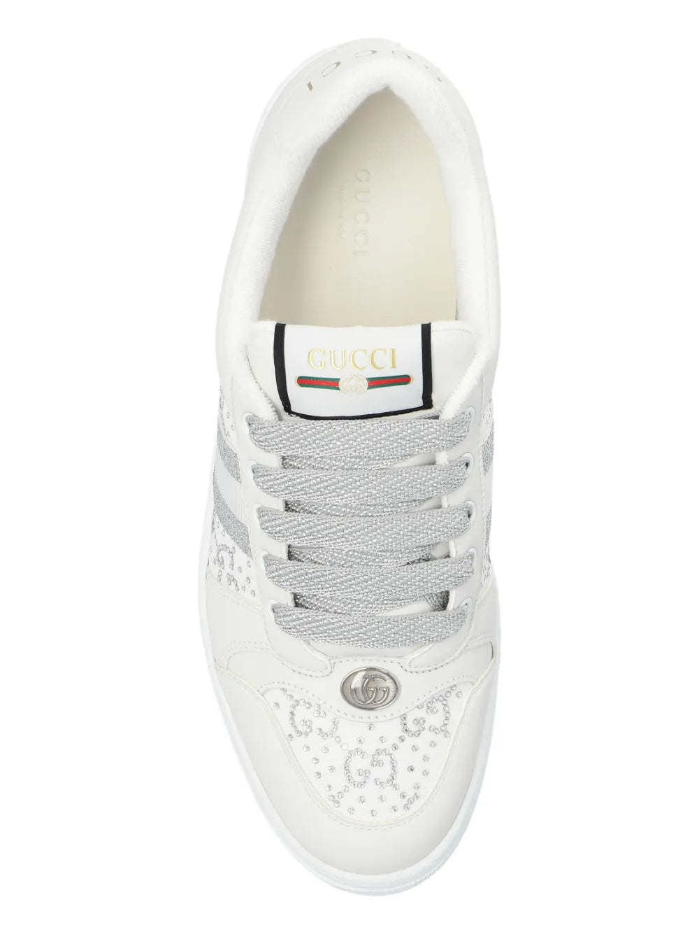 White Gucci Screener sneaker tongue view with logo patch and lace-up eyelets