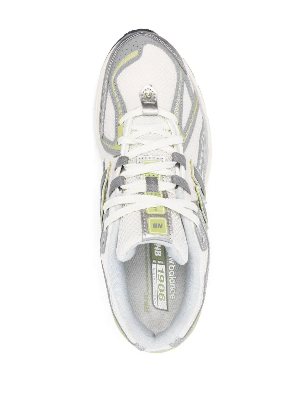 White lace-up sneaker with insole text, gray and lime trim, molded heel