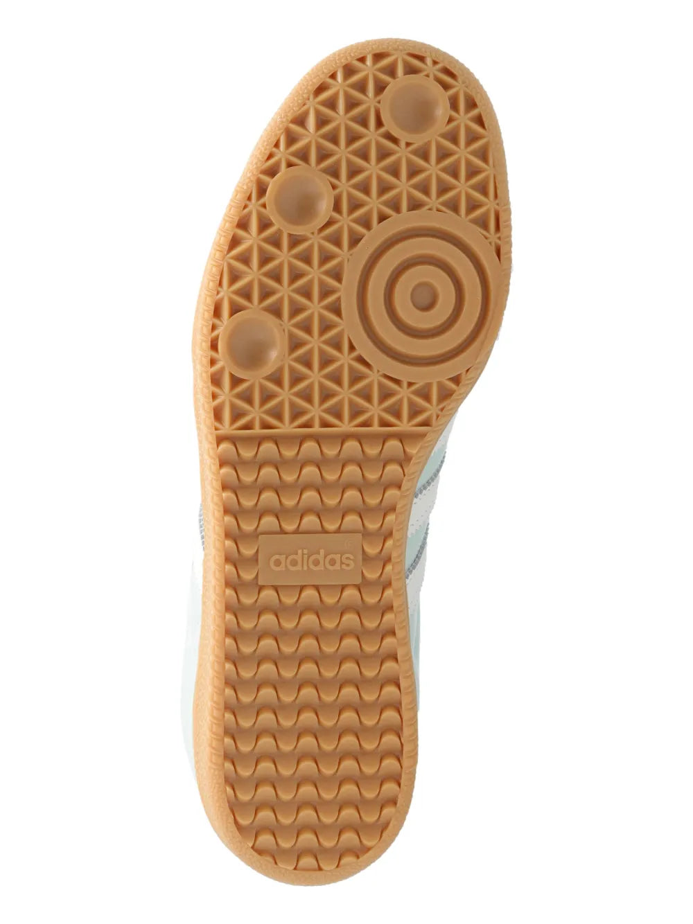 Gum rubber outsole of women's adidas Samba OG sneakers with circular tread pattern