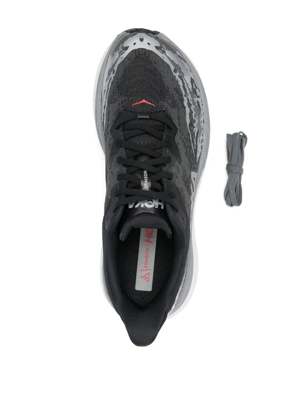 Hoka Stinson 7 sneakers with black/grey camo upper, lace-up front and padded tongue