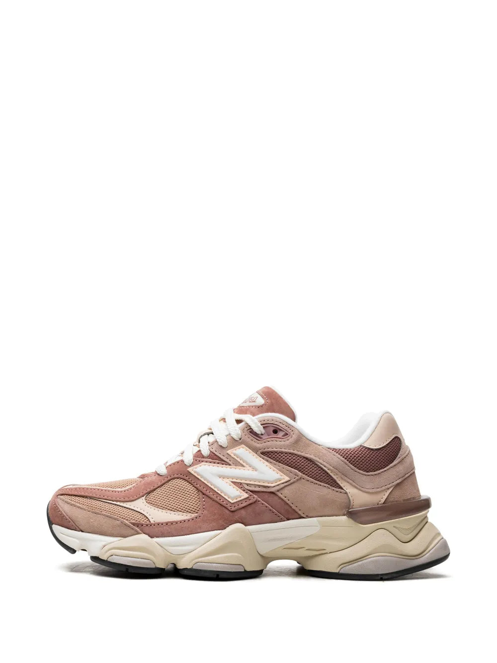 New Balance 9060 sneakers in beige and rose pink, white N logo, lace-up with thick sole