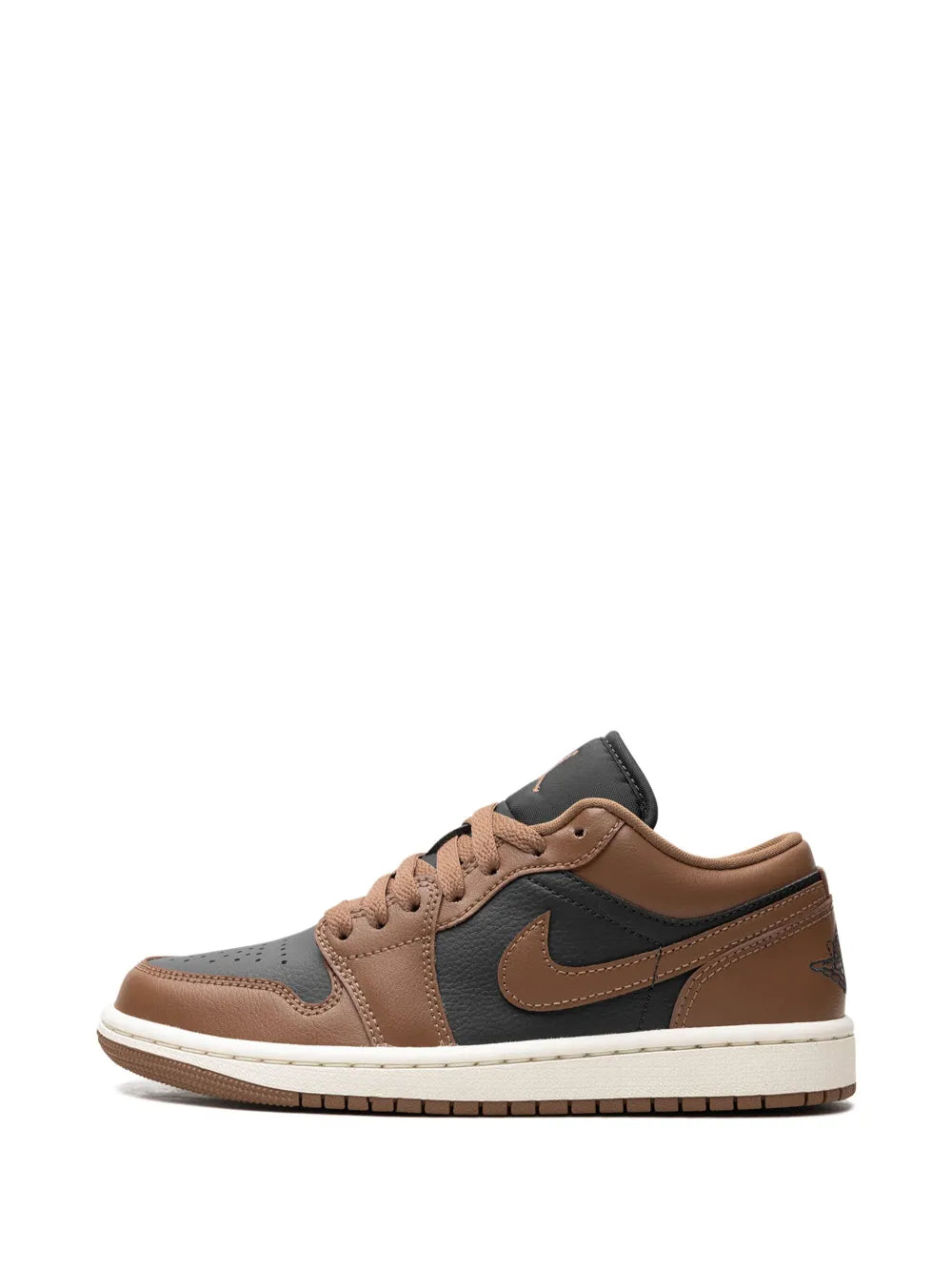 Brown and black low-top sneakers with perforated toe and Nike Swoosh