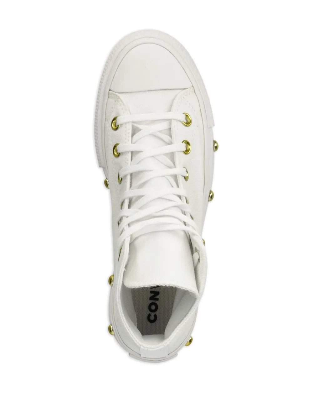 White Converse high-top sneaker close-up of toe and laces; gold eyelets