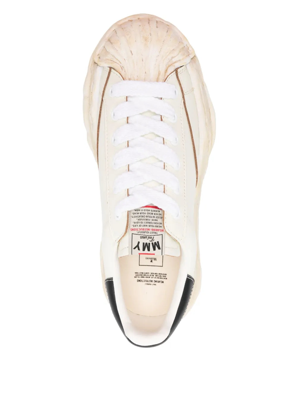 White Blakey sneakers, top view of lace-up front with interior size label