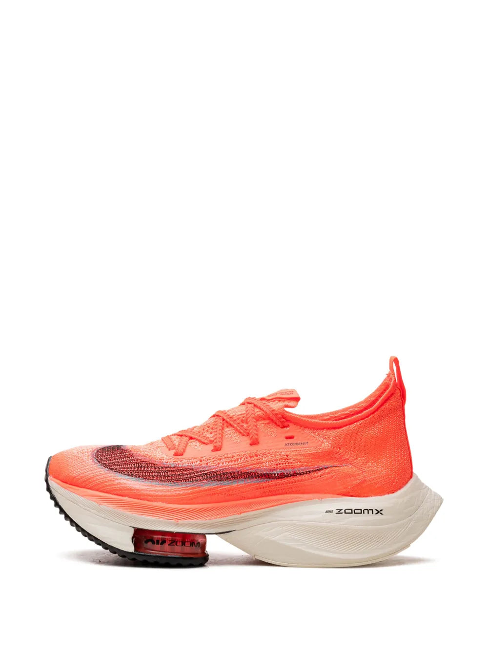 Nike running shoe in orange, three-quarter side view with lace-up mesh and ZoomX
