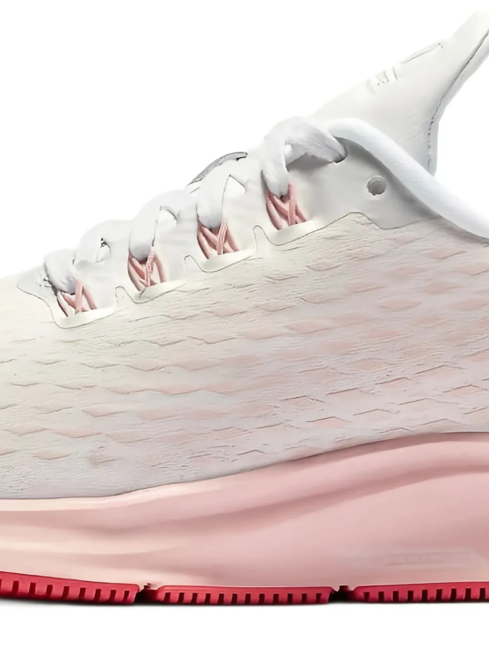 Nike Air Zoom Pegasus 35 PRM side close-up: white textured upper with pink midsole band