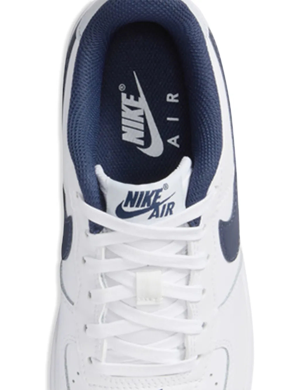 Nike Air Force 1 low-top sneakers, white with navy tongue and heel logo