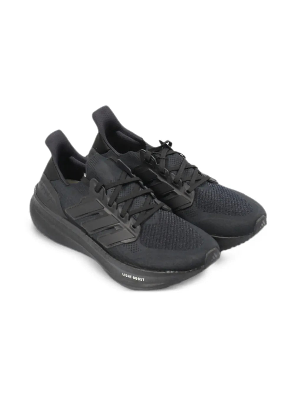 Black lace-up running shoes with textured Boost sole and side stripes