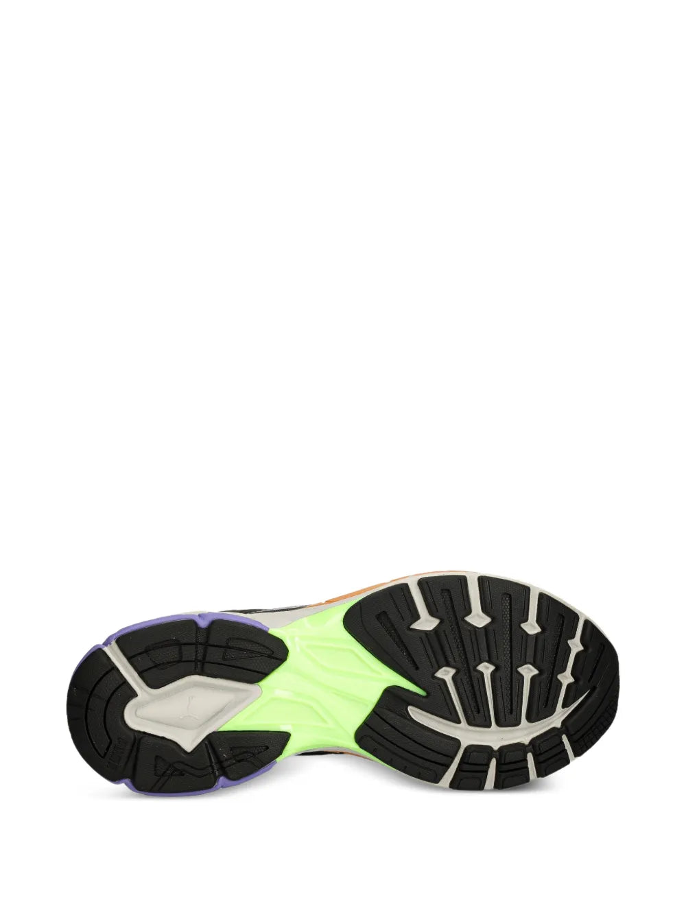 Shoe outsole with black tread, lime green highlights, and white cushioned midfoot segments