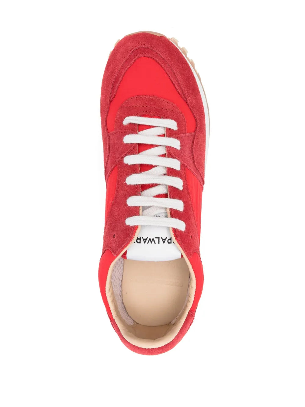 Red suede lace-up sneaker with white laces and visible tongue