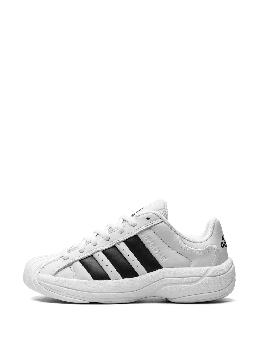 White adidas Superstar Mn sneakers with black stripes and thick white rubber sole
