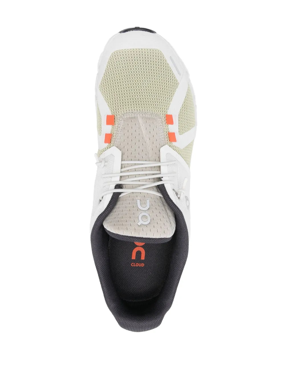 White lace-up running shoe top view with black insole and beige heel lining