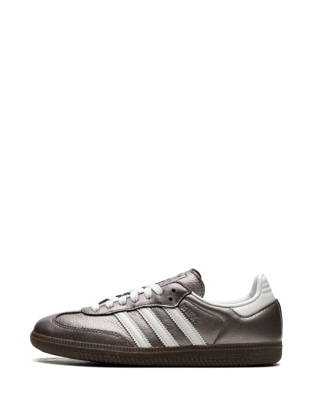 Samba Og sneaker front/side view in dark brown leather with white three-stripe bands