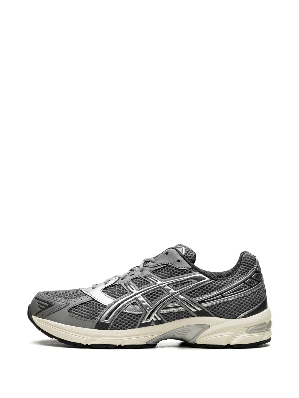 ASICS Gell 1130 grey running sneaker, front 3/4 view with white logo stripes