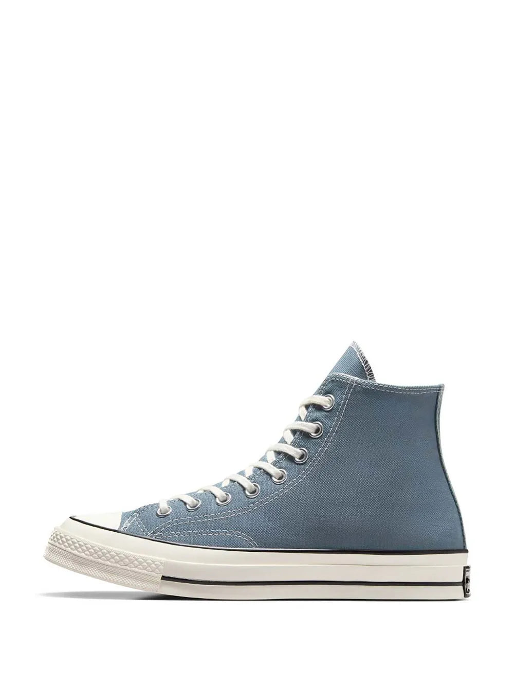 Blue high-top sneaker with white laces and textured toe cap