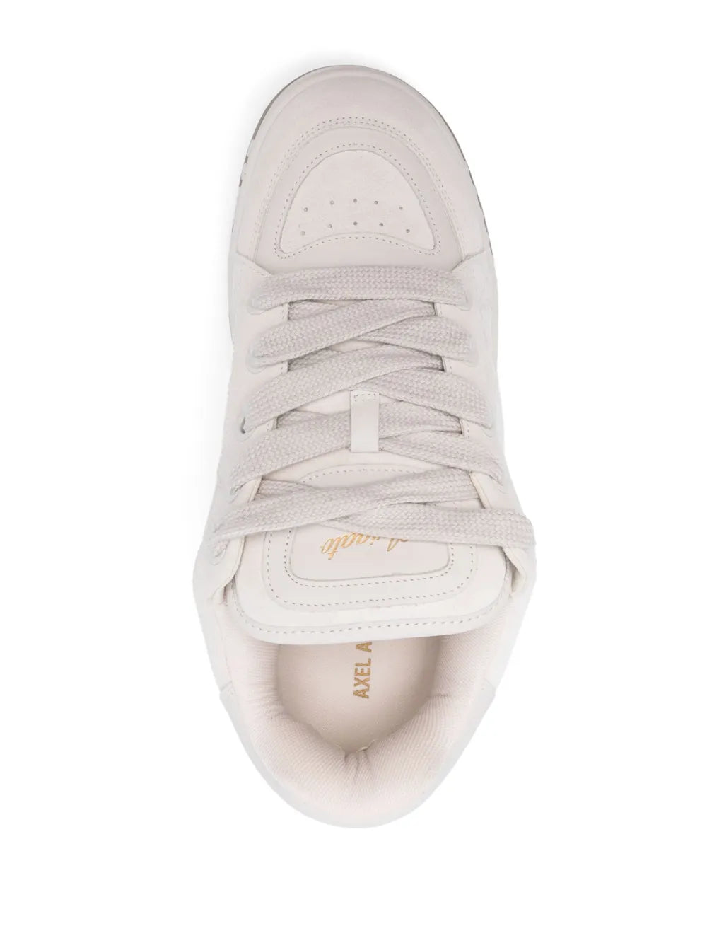 White lace-up sneaker top view with perforated toe box and stitched logo detail