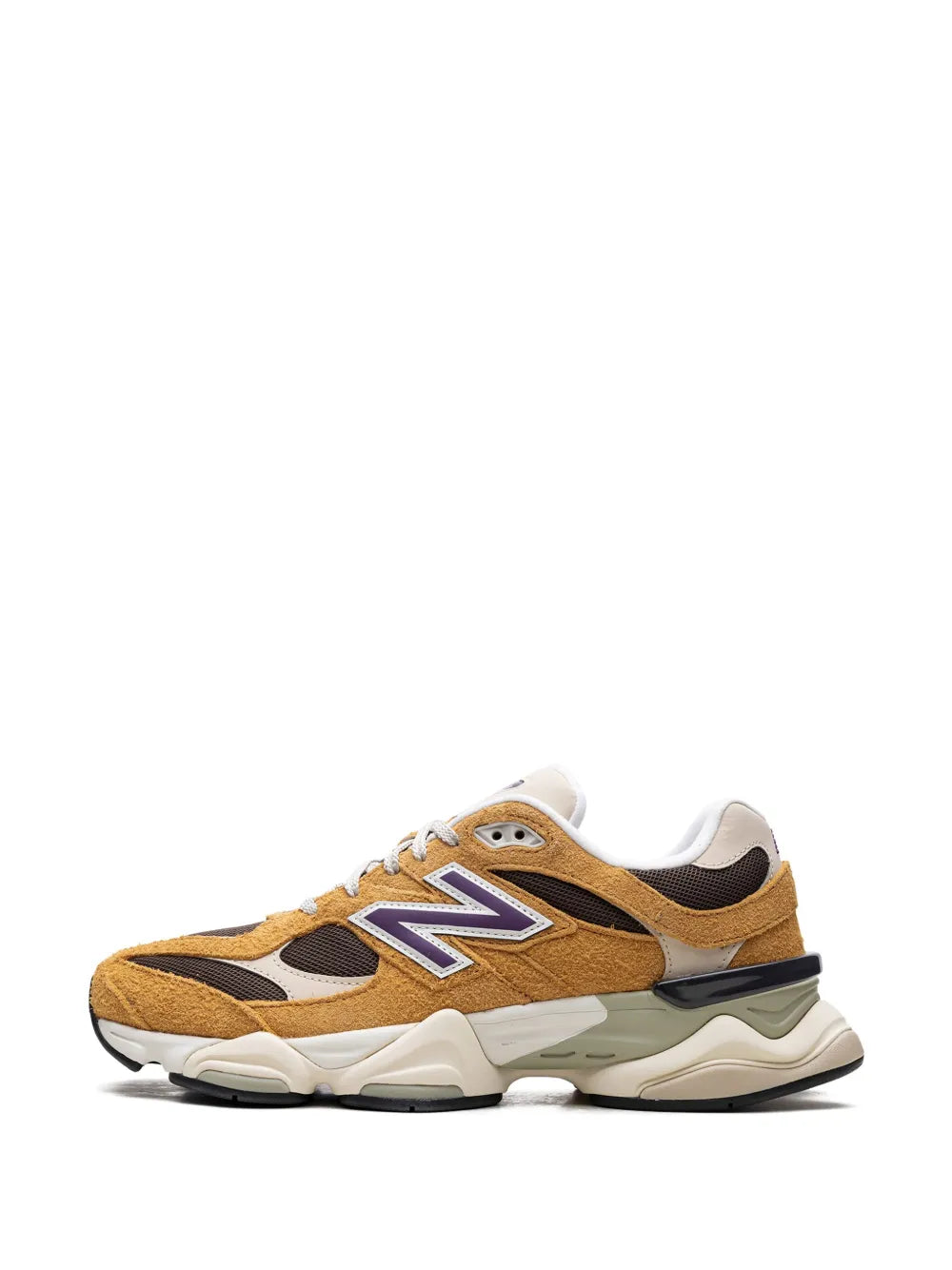 Brown lace-up running sneakers with N logo and cushioned white sole