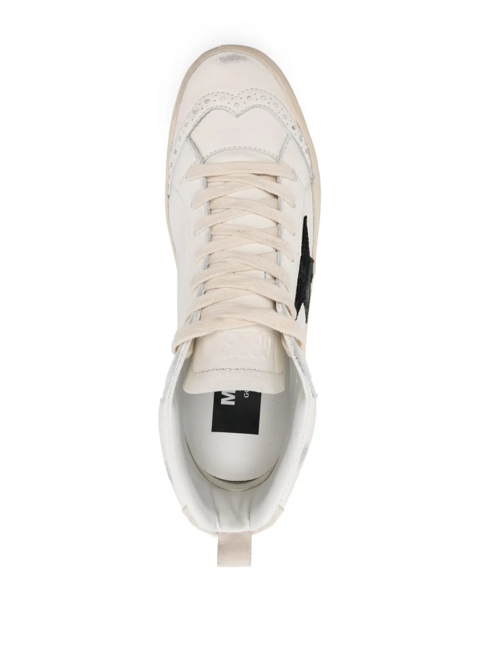 Beige mid-top sneaker viewed from top, white laces, black star detail on side