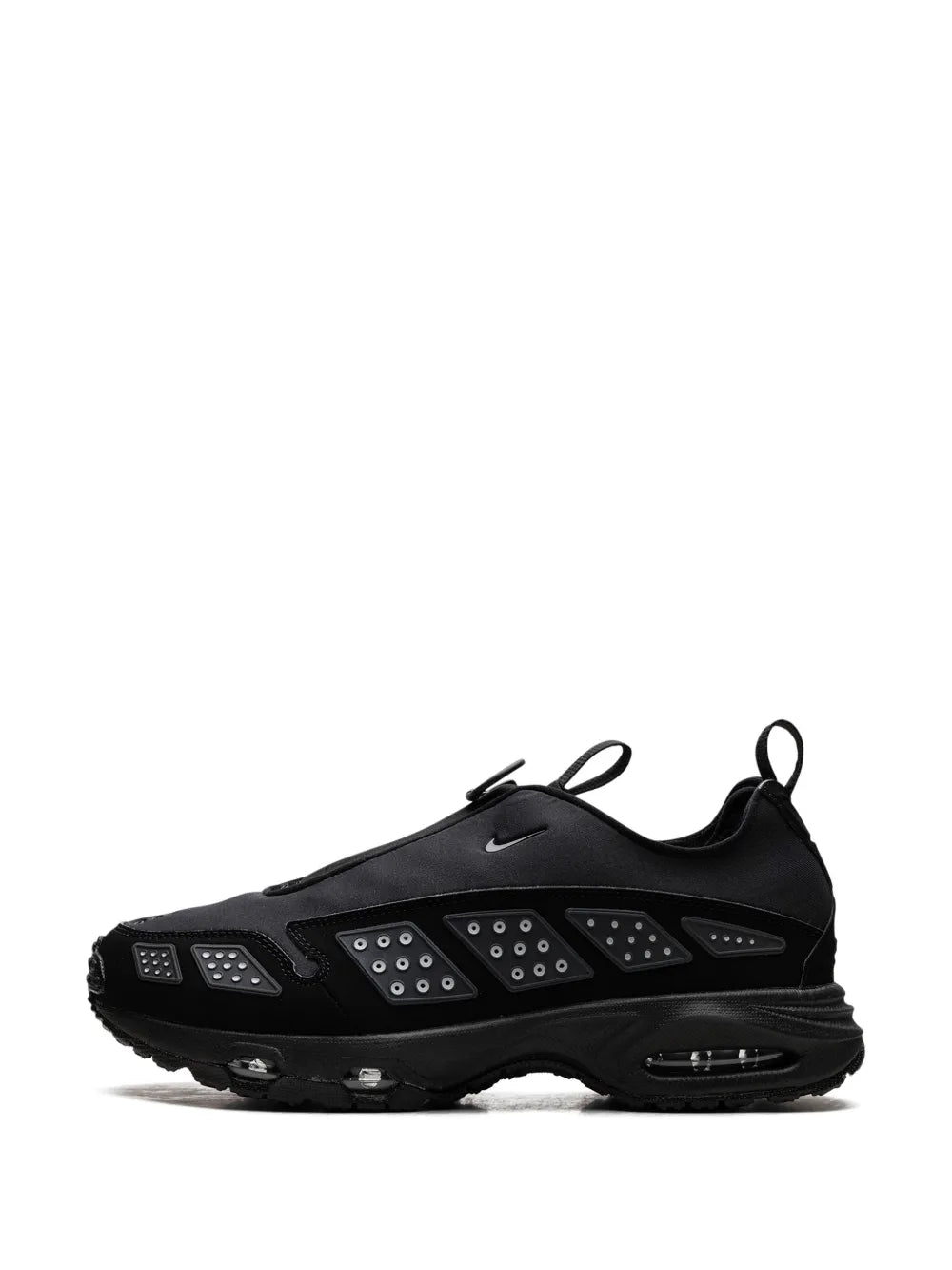 Nike Air Max Sunder sneaker, black front-side view with swoosh and studded panels