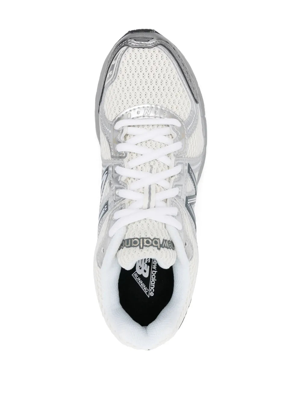White New Balance running shoes, front view with lace-up front and padded collar