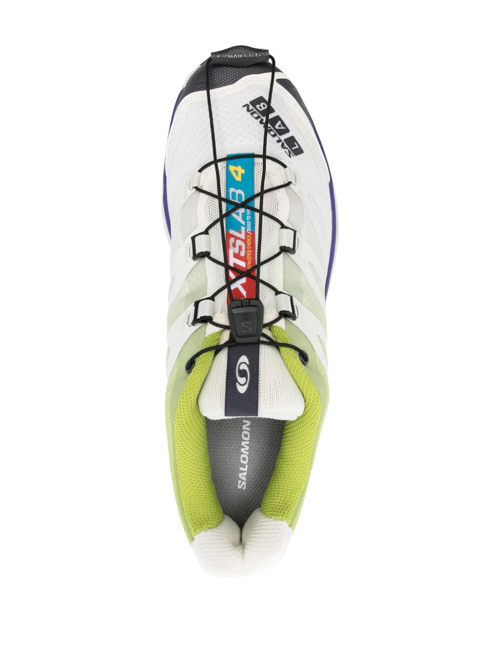 White Salomon trail shoe with lime insole, lace-up closure, heel label, black strap