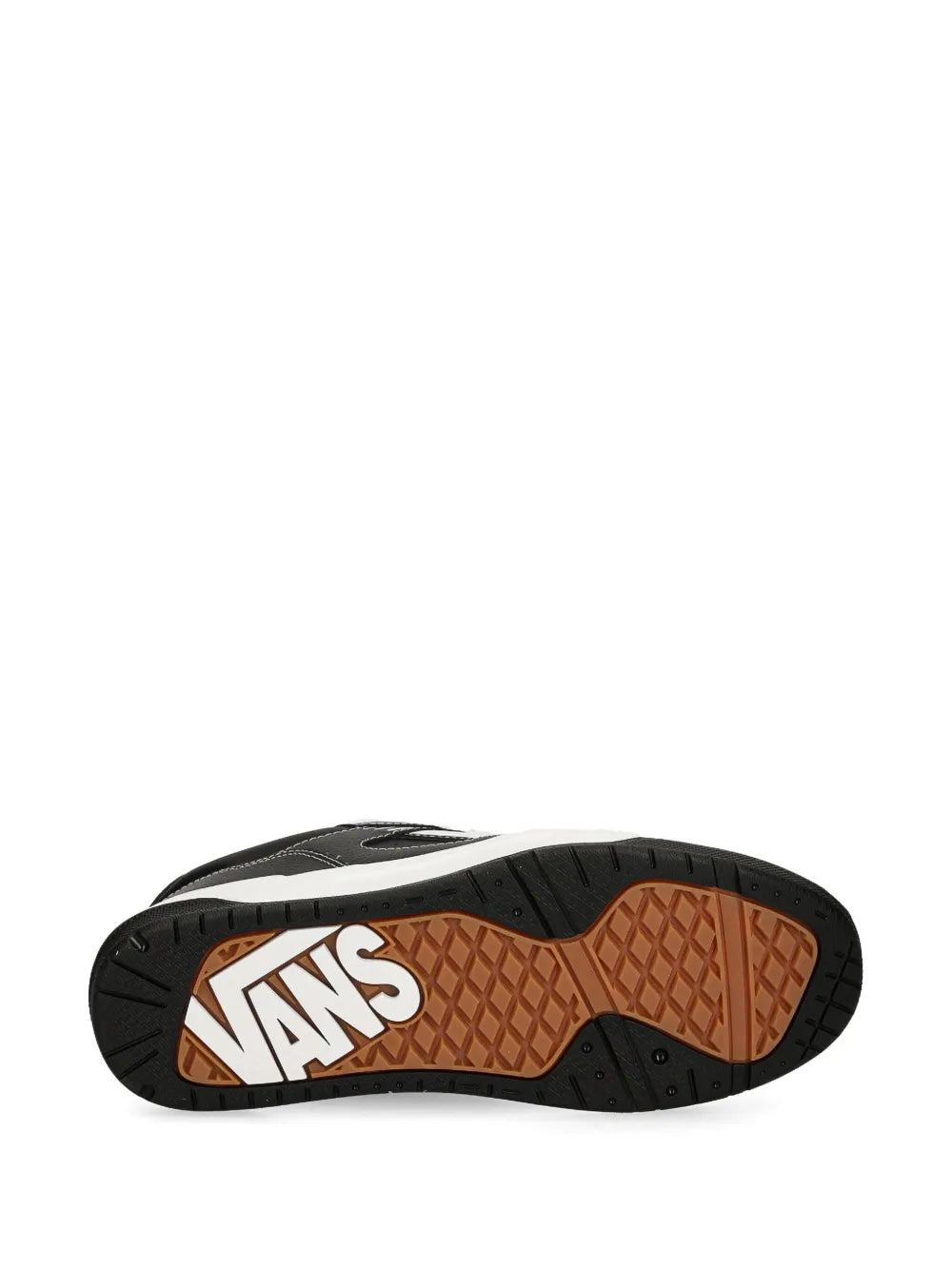 Vans sneaker outsole view with black tread and brown rubber sole surface