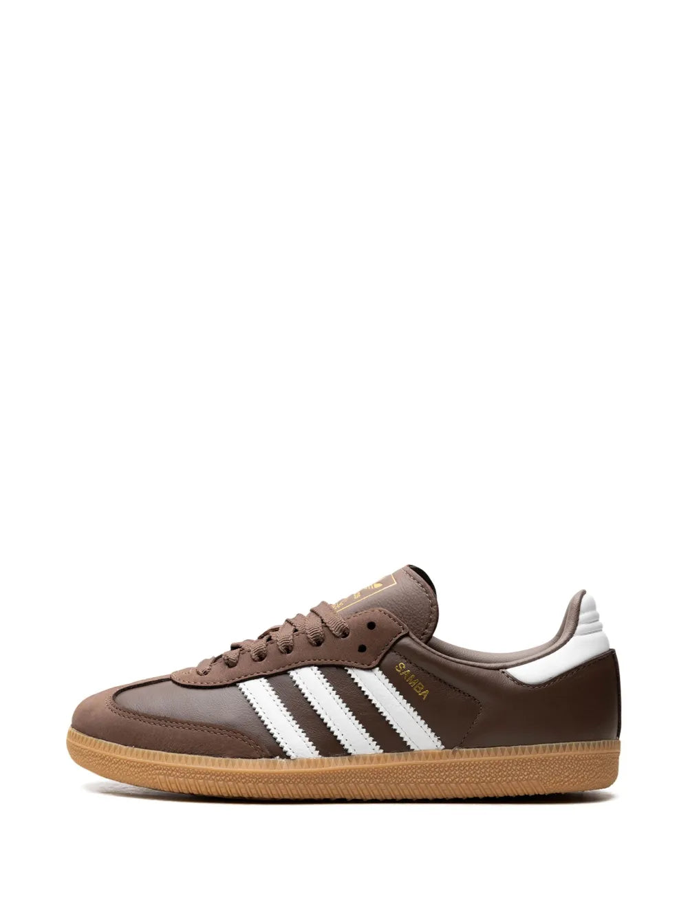 adidas Samba OG sneakers, front view in brown with white stripes and gum sole