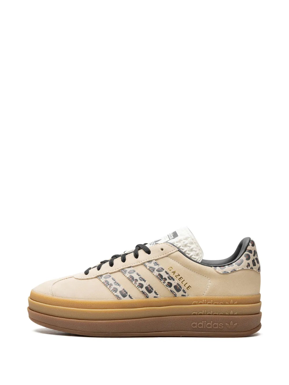 adidas Gazelle Bold sneakers, beige and white with leopard stripes, black lace-up