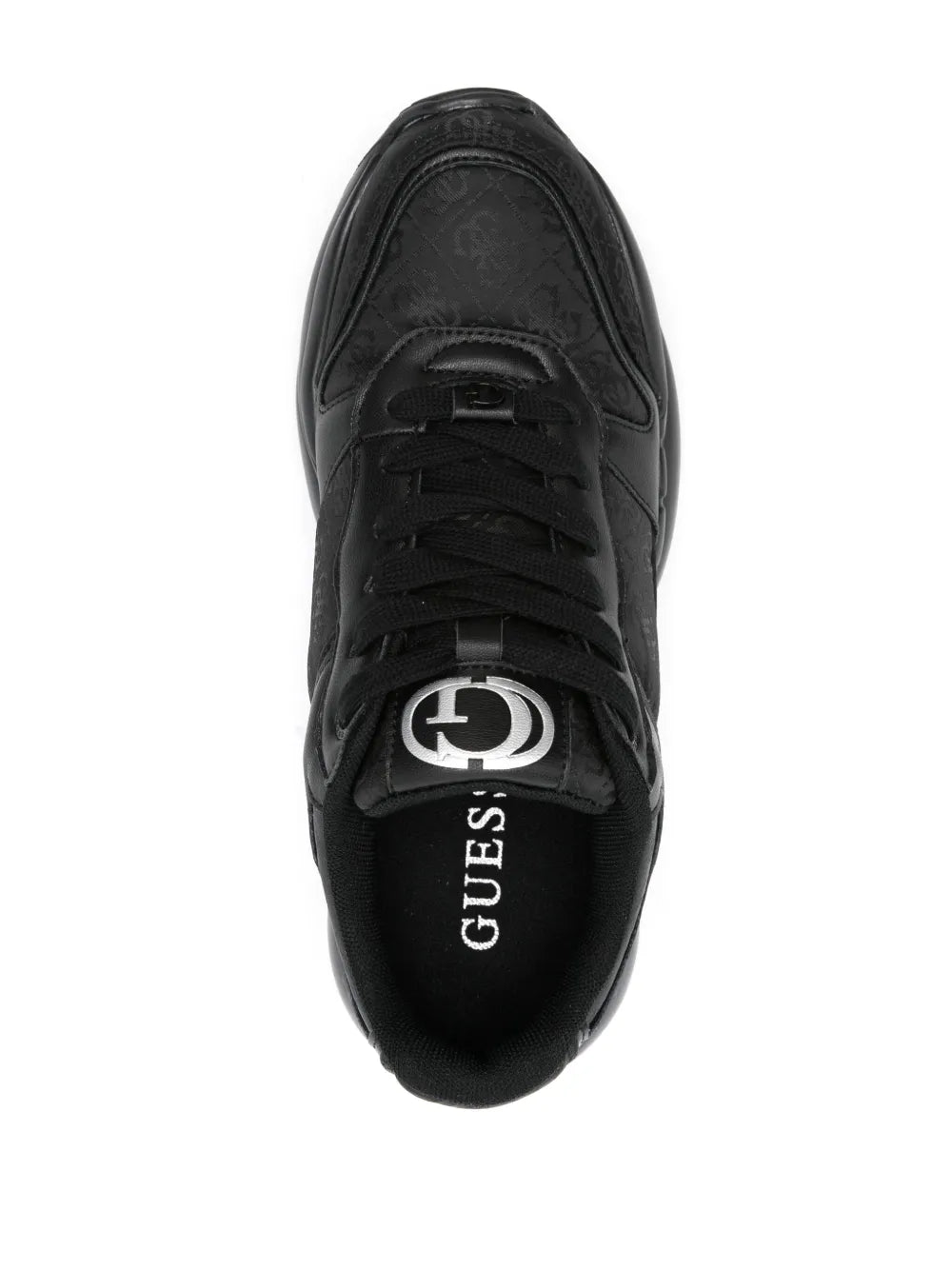 GUESS black lace-up sneakers, front view with branded tongue logo