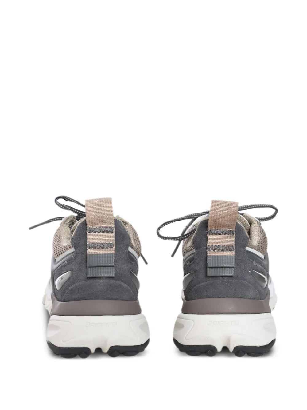 Back view of slate grey running sneakers with lace-up heel straps and white sole