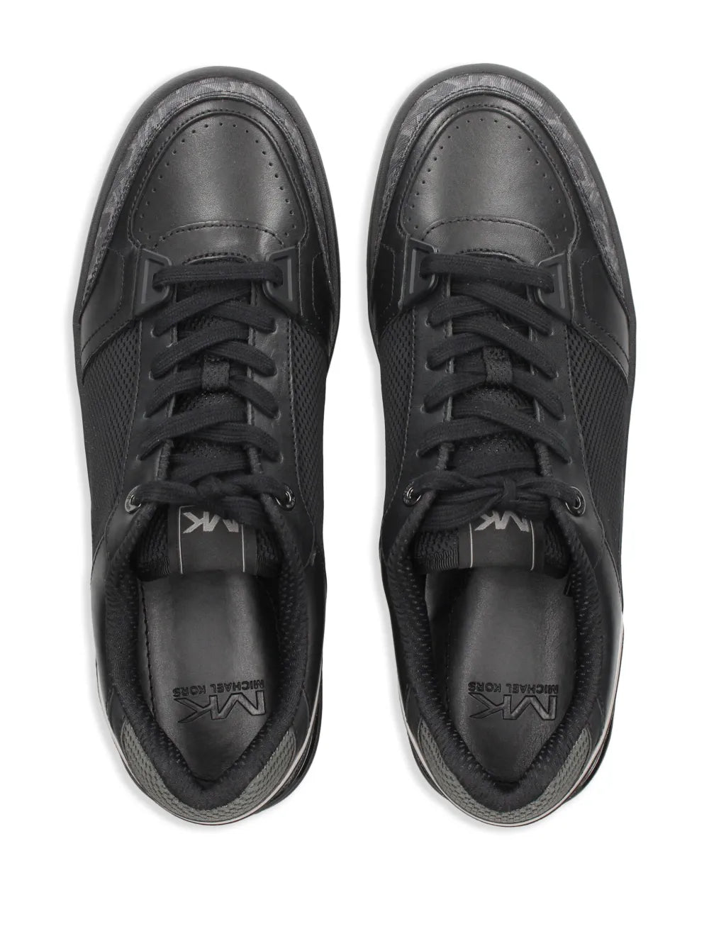 Black lace-up sneakers, front view with black laces and perforated toe