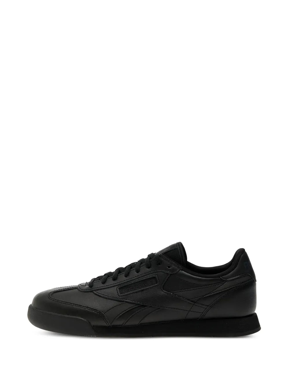 Black low-profile lace-up sneaker, front-left angle with streamlined toe
