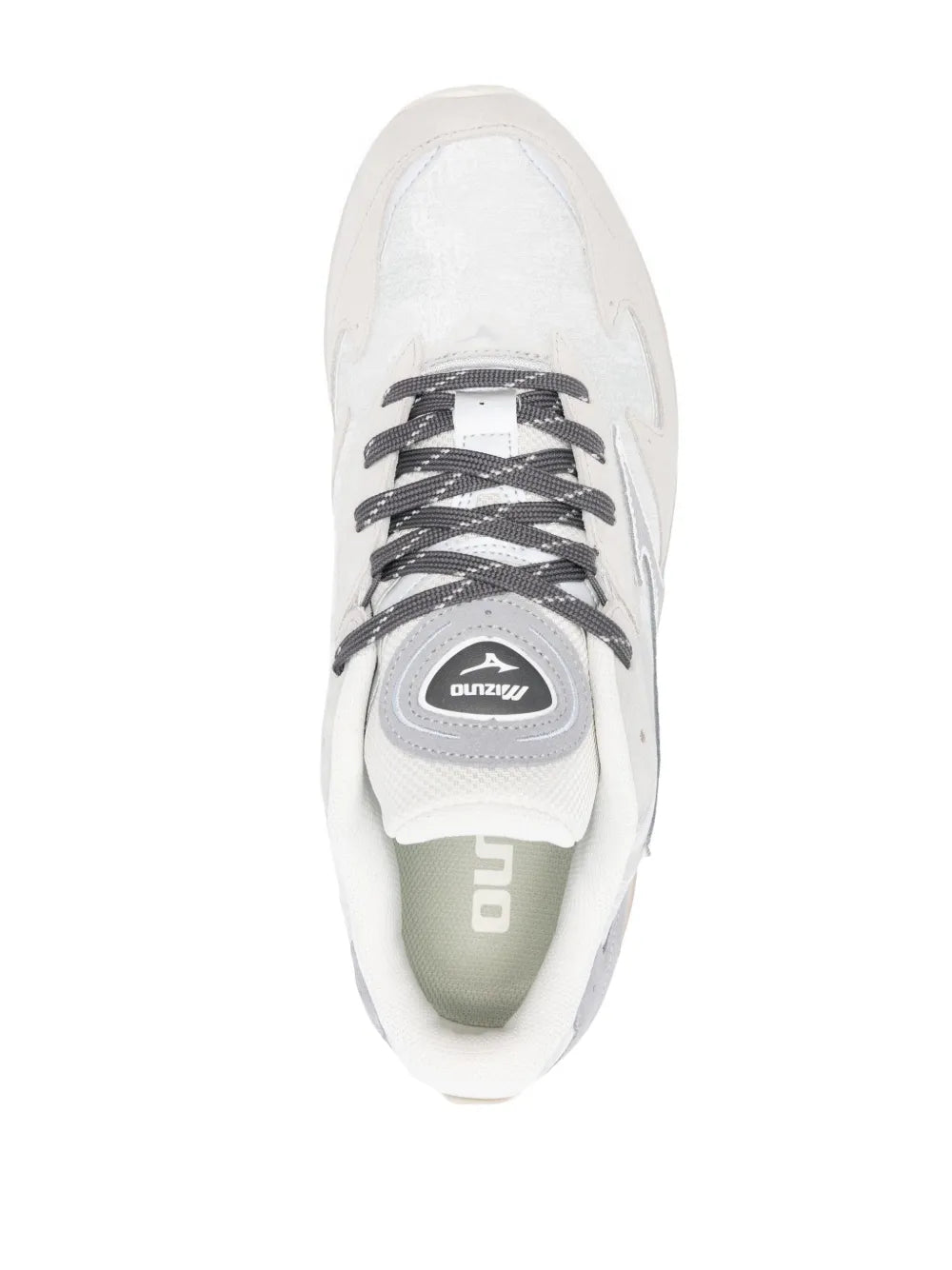 Mizuno Wave Rider sneakers, top view, grey-and-white upper with lace eyelets
