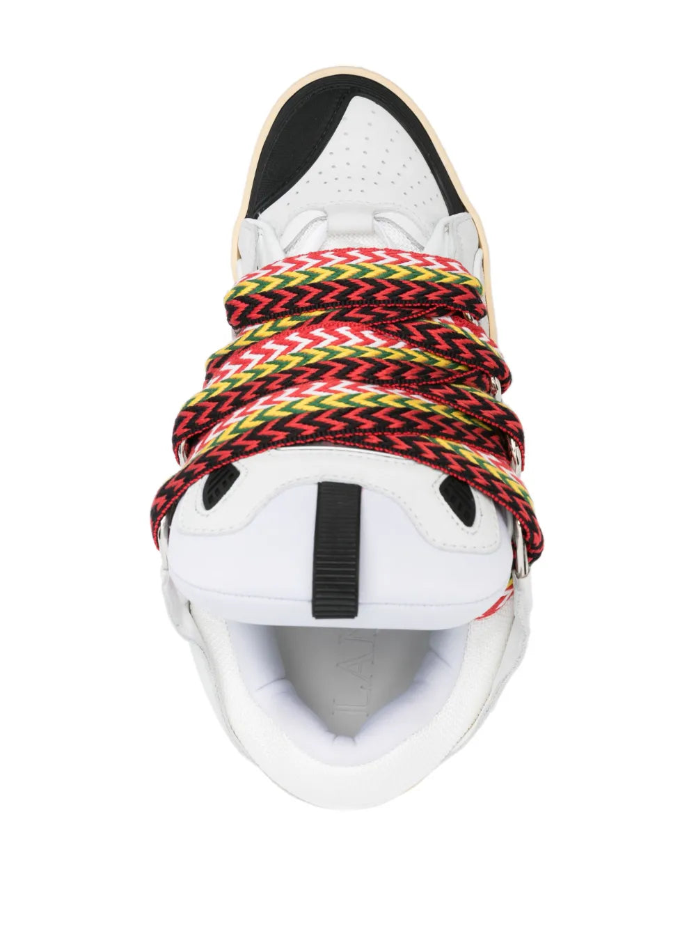 White high-top sneaker with zigzag multicolor laces and black heel panel