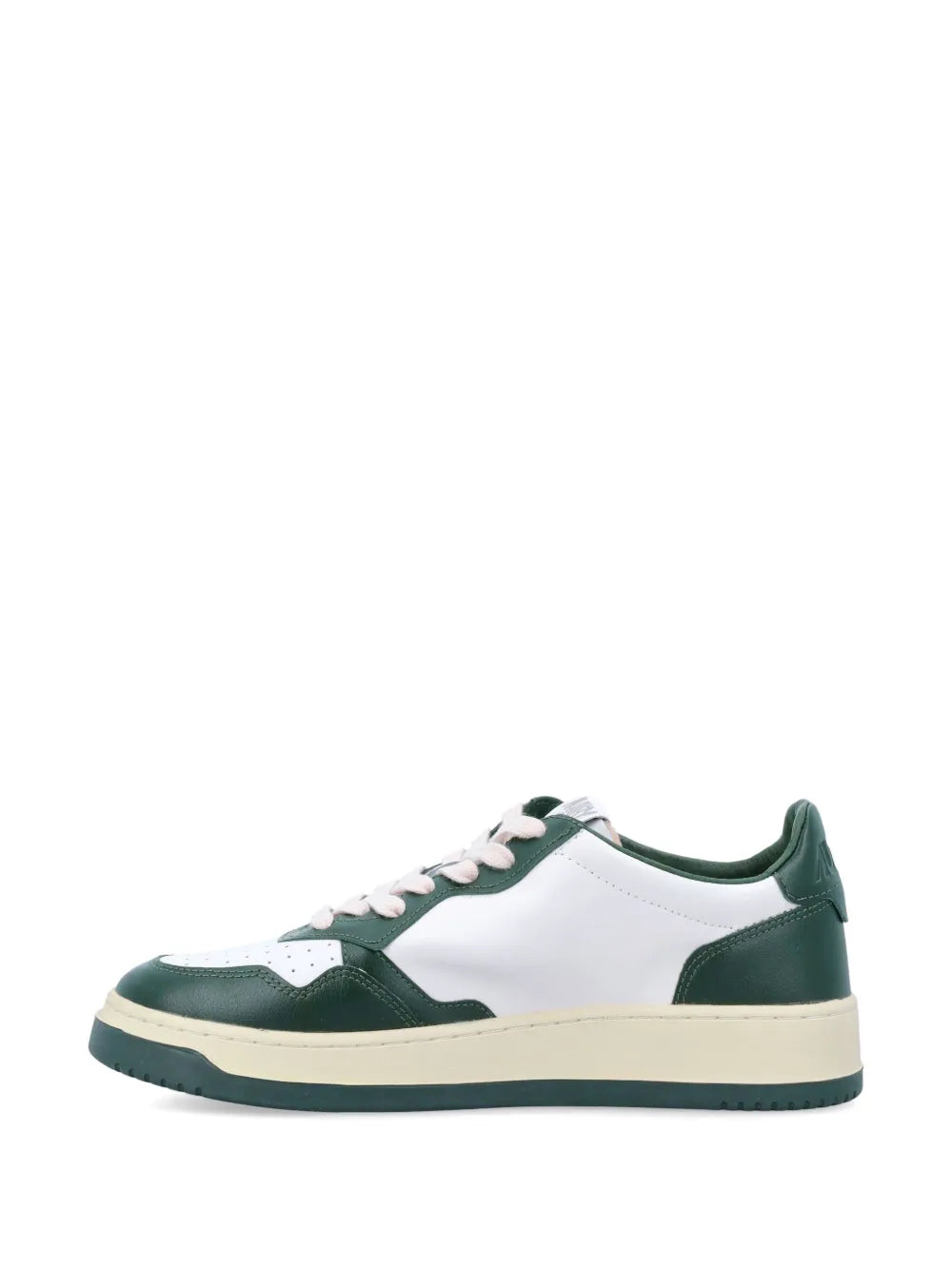Low-top lace-up sneakers with white vamp, dark green overlays, and cream midsole