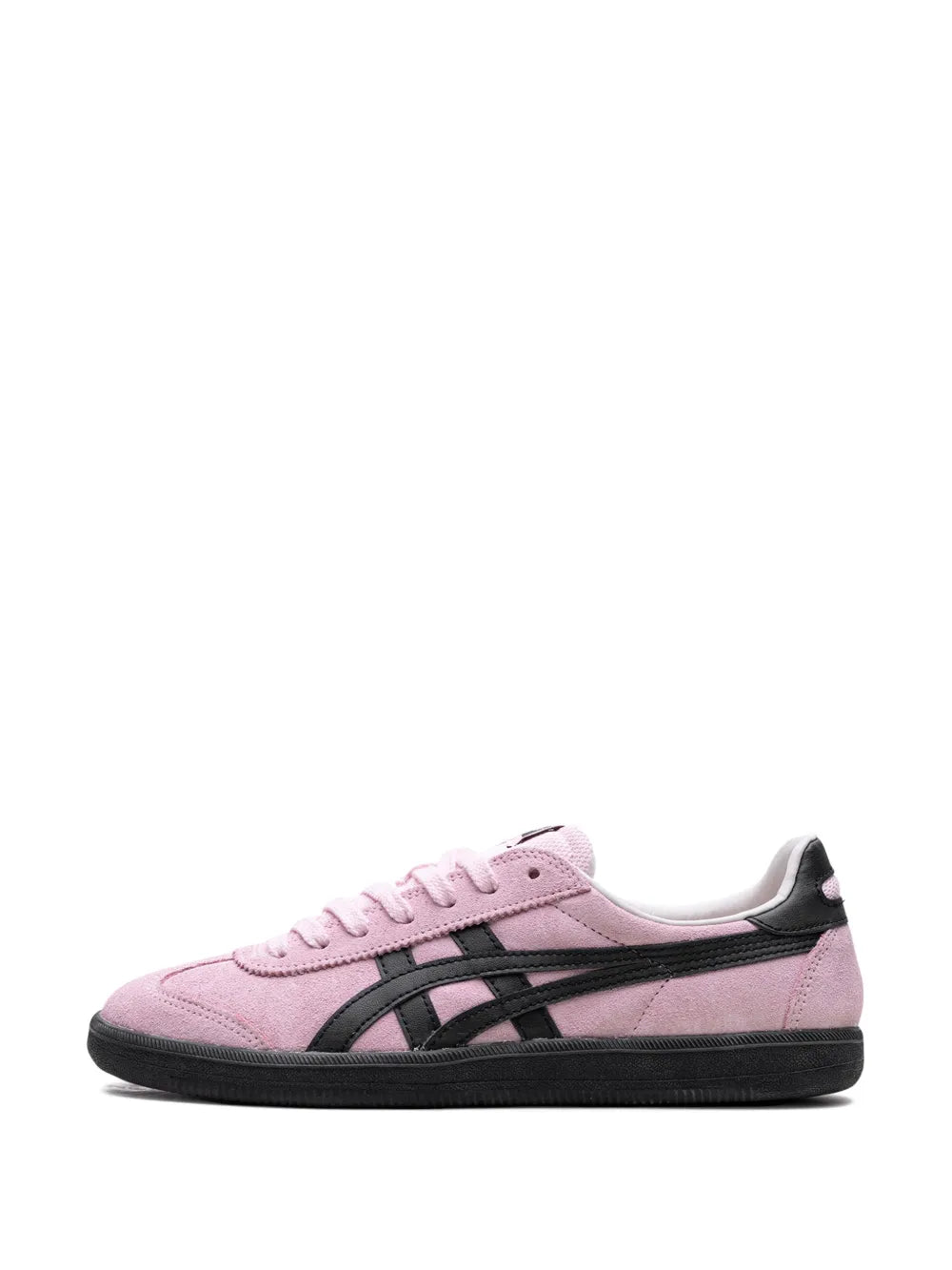 Pink suede low-top sneaker with black stripes and lace-up front, side profile