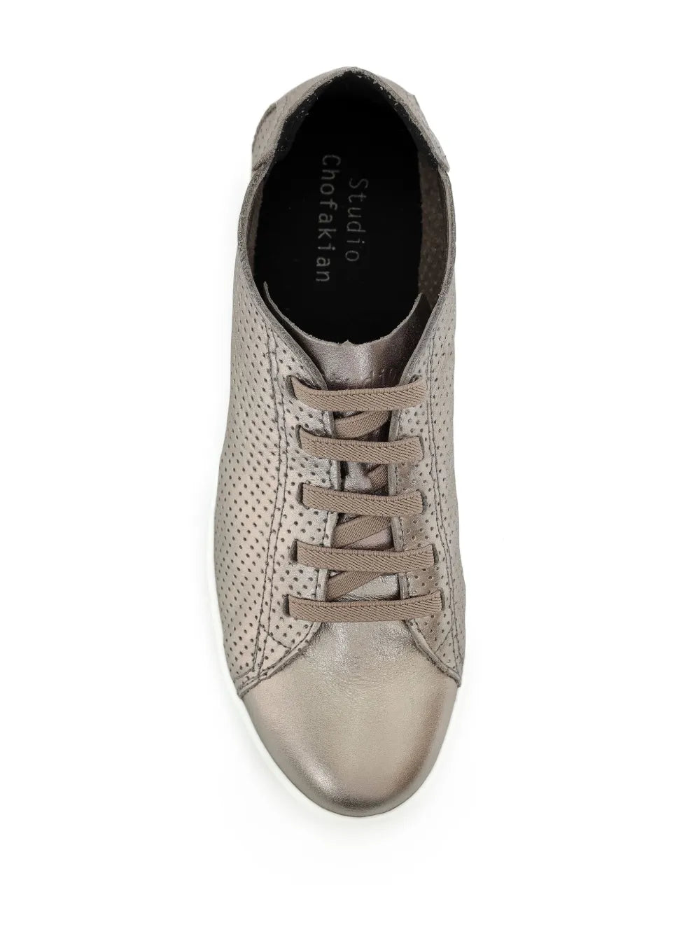 Lace-up trainers with perforated metallic upper and padded collar, front view
