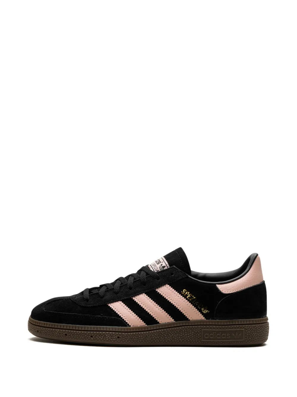 Black adidas Handball Spezial sneakers, front/side view with pink stripes