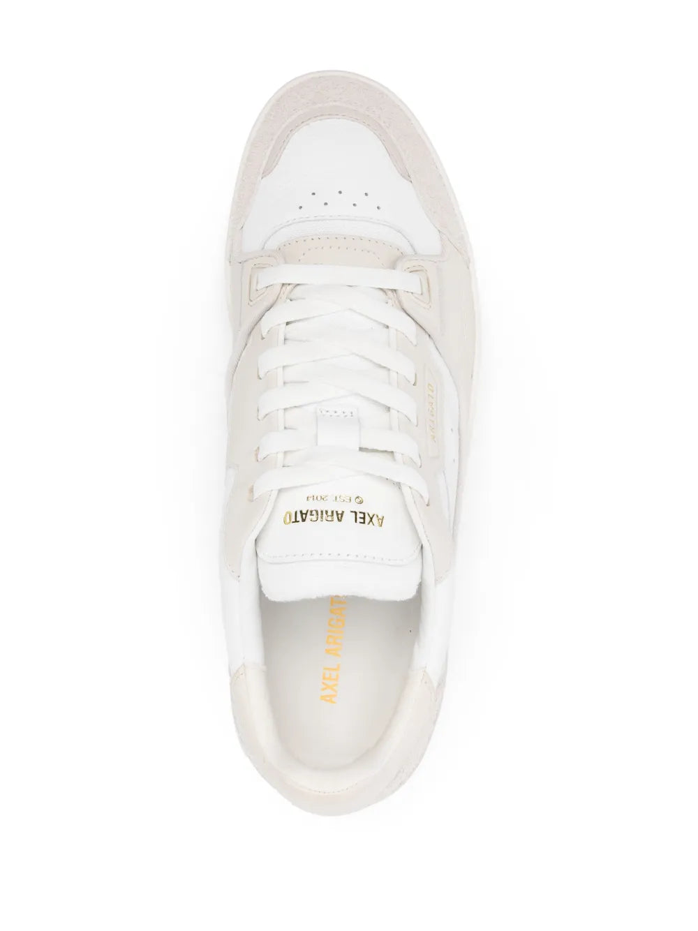 White lace-up low-top sneakers, front view with logo patch and cushioned tongue
