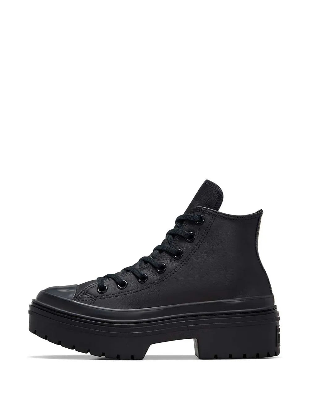 Converse black lugged platform high-top sneakers, angled side view with lace-up