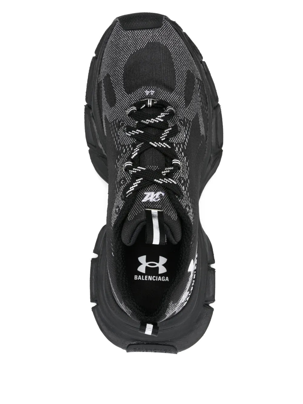Black knit sneakers heel view with Under Armour and Balenciaga logos