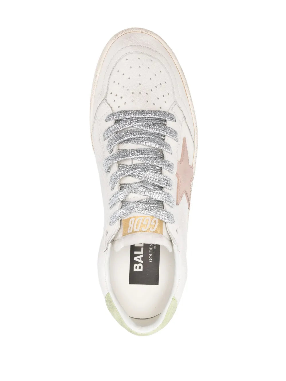 White low-top sneakers top view with gray laces and 'BALLSTAR' label