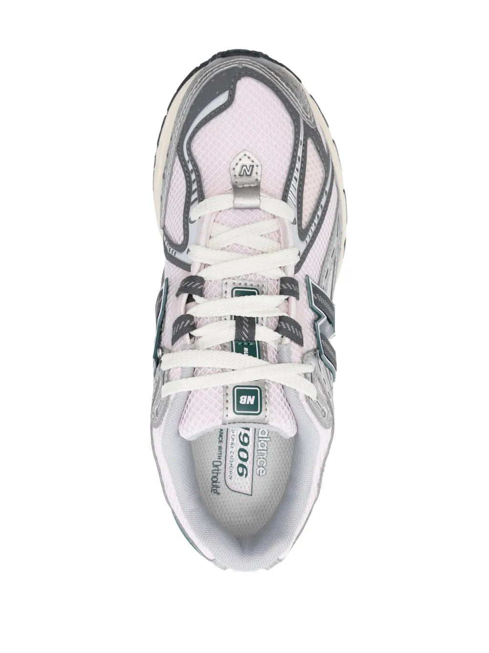 New Balance 1906R sneakers, white top view showing laces and tongue label
