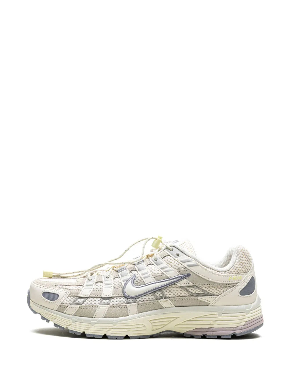 Nike P-6000 beige lace-up sneakers front view with blue Swoosh and chunky sole